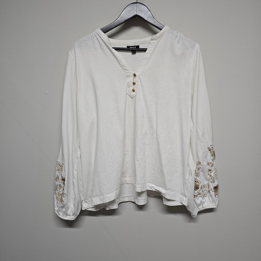 Mexx Henley Top Womens XL White Cotton Floral Embroidered Sleeve Boho Blouse